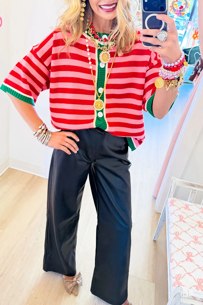 Pink Red Stripe Contrast Cardigan