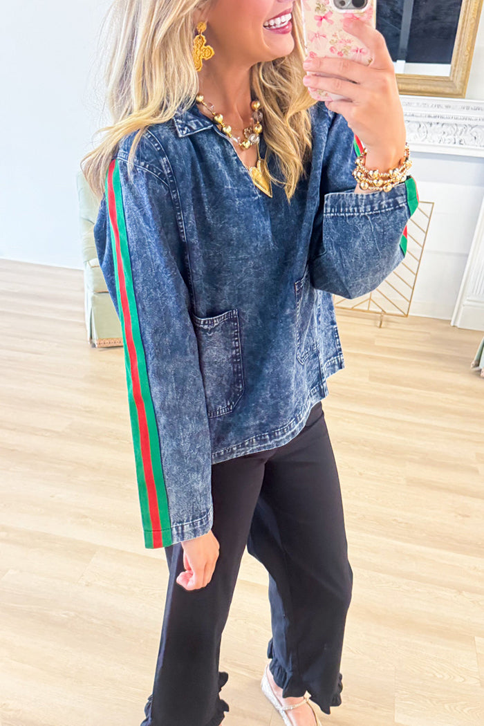 Denim Contrast Stripe Pullover Top