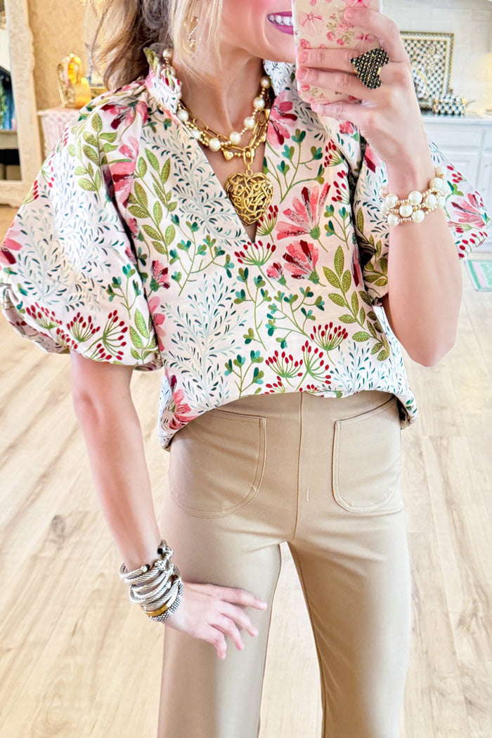 Ruffled Collard Puff Sleeve Pattern Top