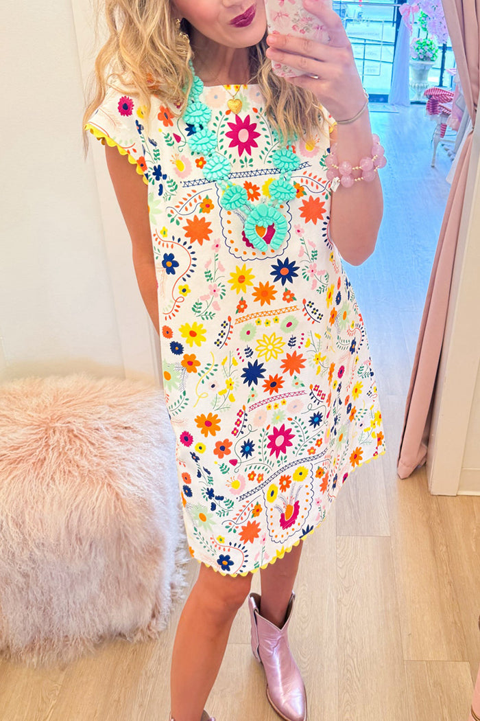 Scallop Trim Multi Floral Dress