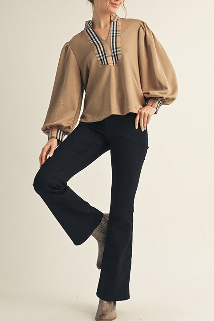 Plaid Contrast Accent Long Puff Sleeve Top