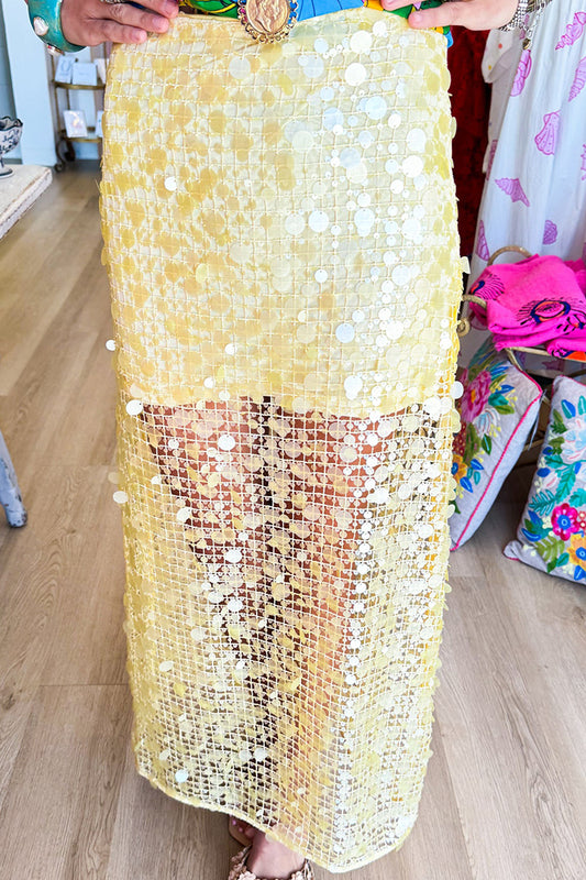 Yellow Sequin Mesh Maxi Skirt