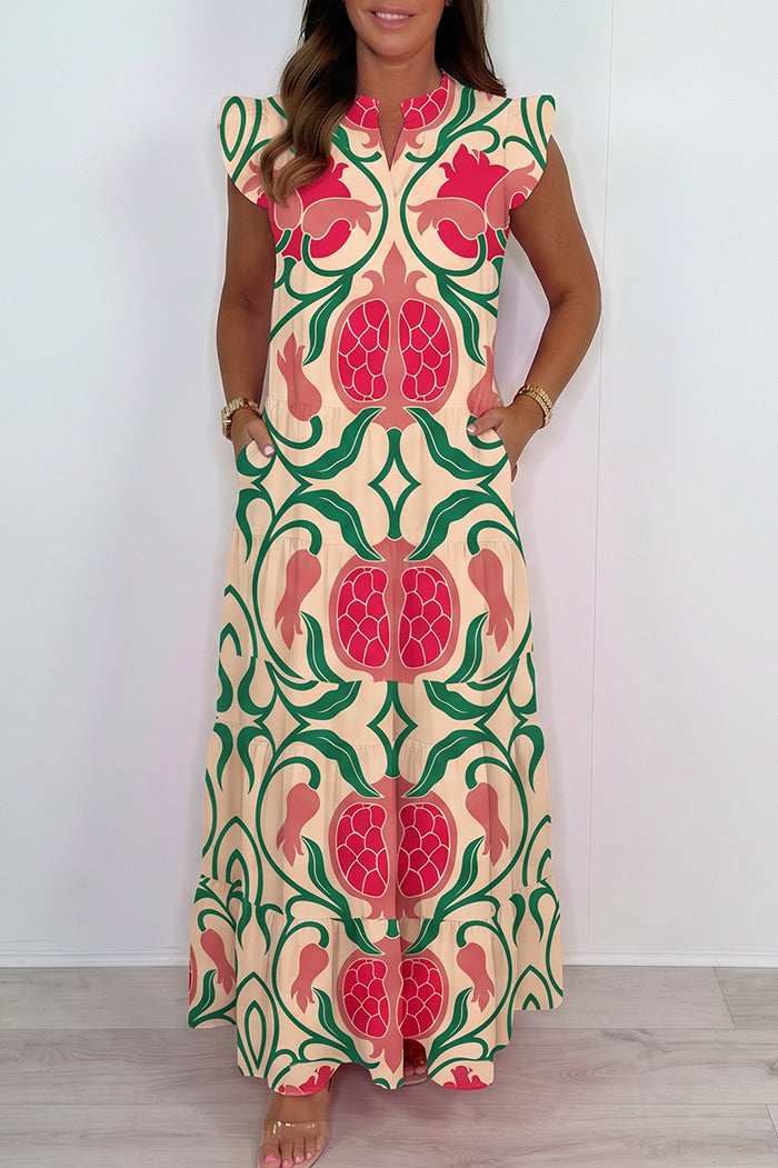 Pomegranate Print Tiered Pocket Maxi Dress