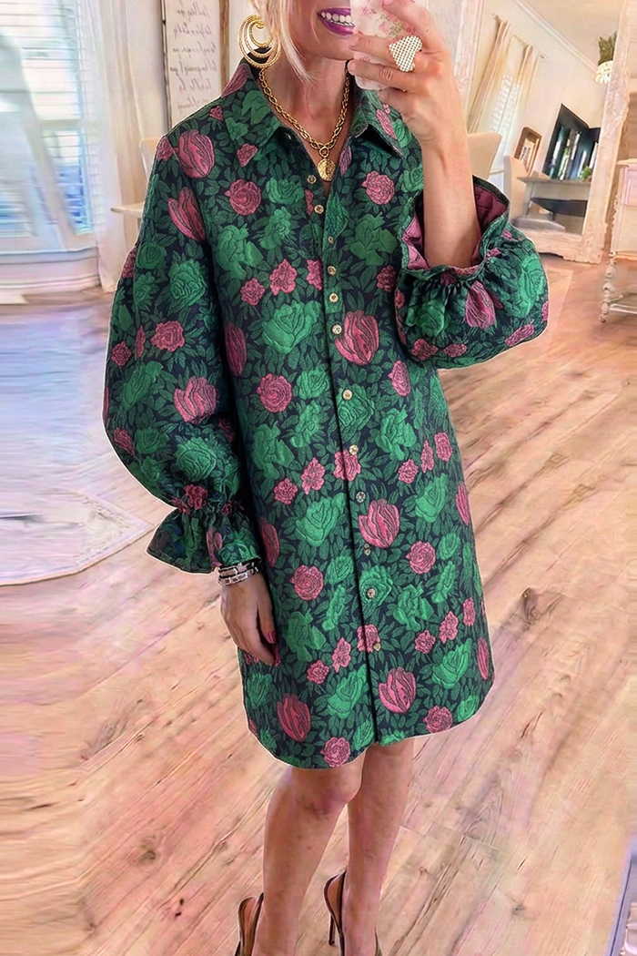 Green Floral Jacquard Collared Button Front Puff Sleeve Shirt Dress