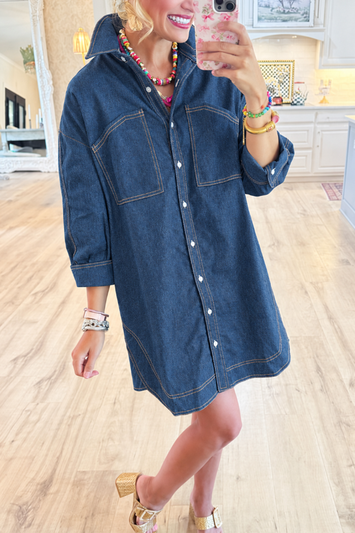 3/4 Sleeve Button Front Patch Pocket Denim Dress