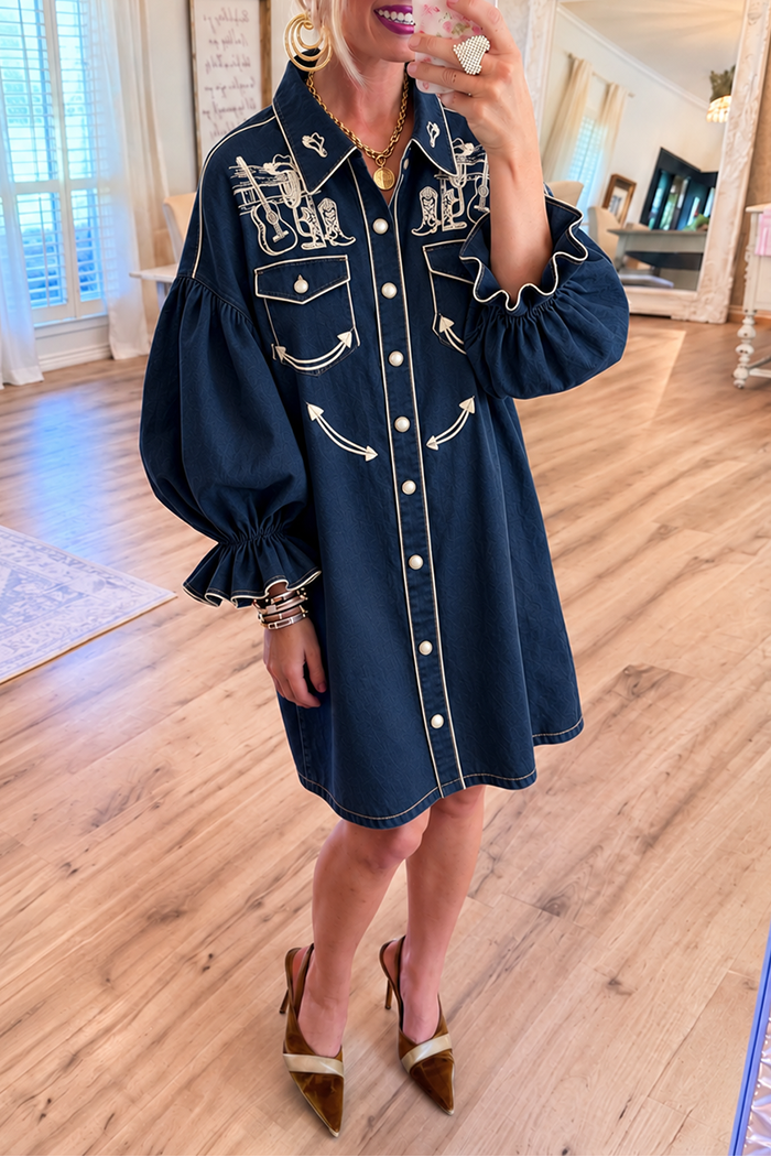 Navy Denim Western Embroidery Ruffle Sleeve Pocket Dress