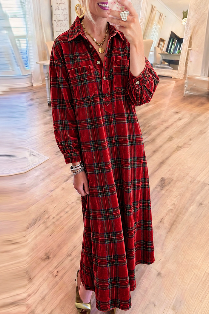 Christmas Plaid Pocket Velvet Maxi Dress