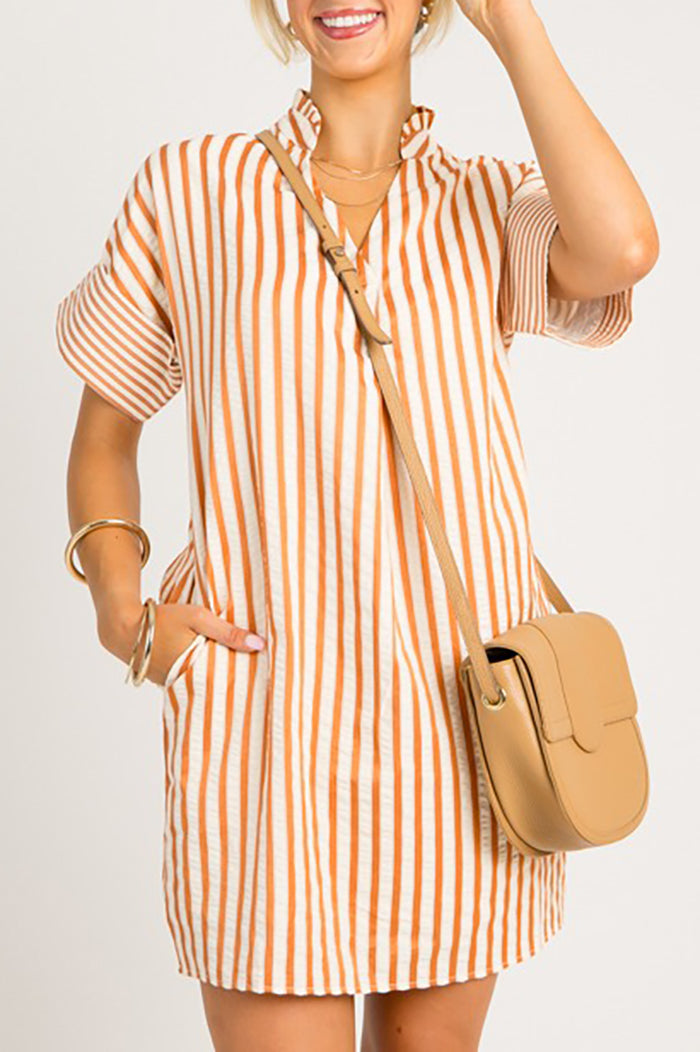 Striped Cuffed Sleeves Pocket Dress