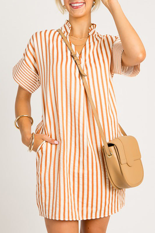 Striped Cuffed Sleeves Pocket Dress