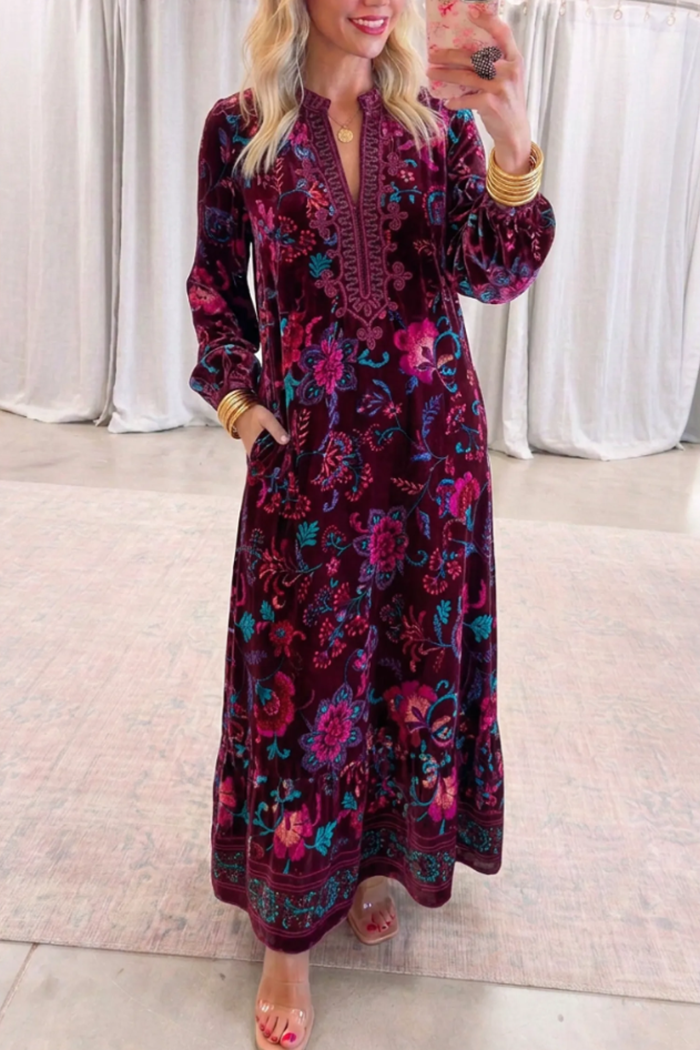 Burgundy Velvet Floral Long Sleeve Pocket Maxi Dress