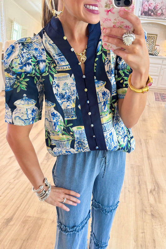 Porcelain Print Puff Sleeve Button Top