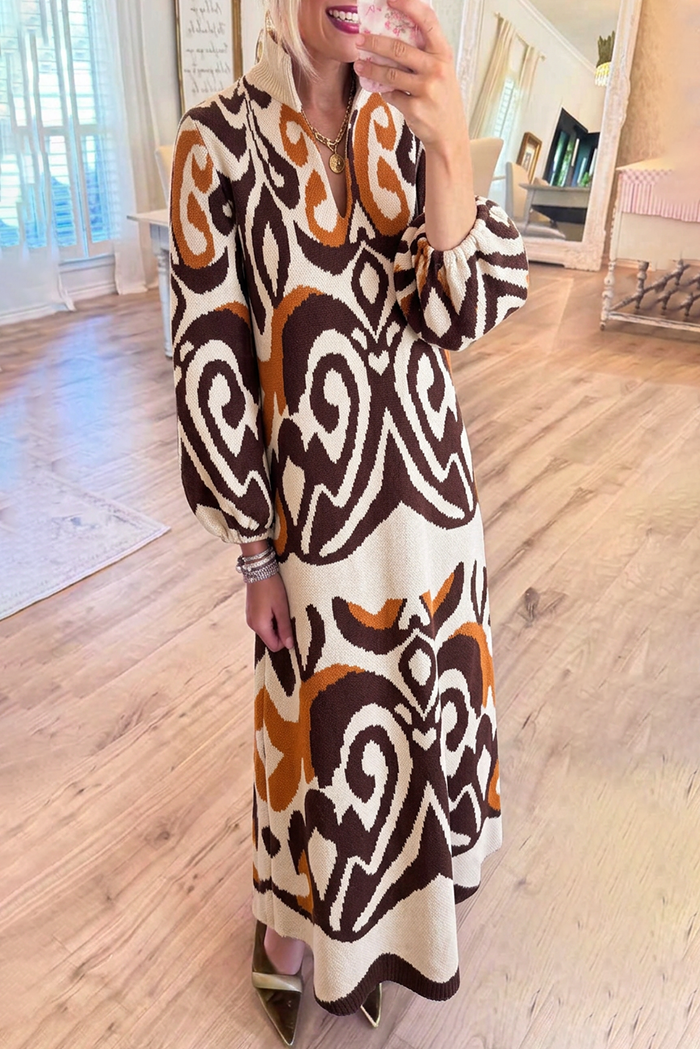 Abstract Jacquard Knit Stand Collar Bubble Cuff Sleeve Maxi Dress