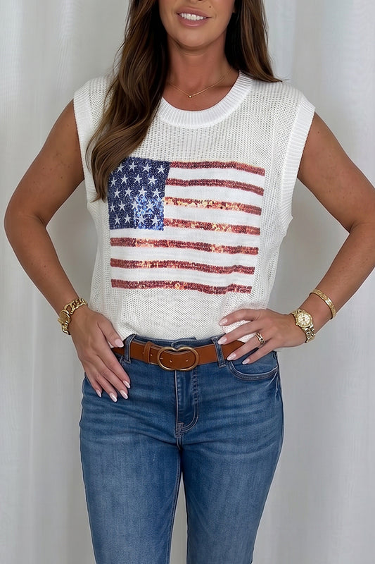 American Flag Sequin Knit Sleeveless Top