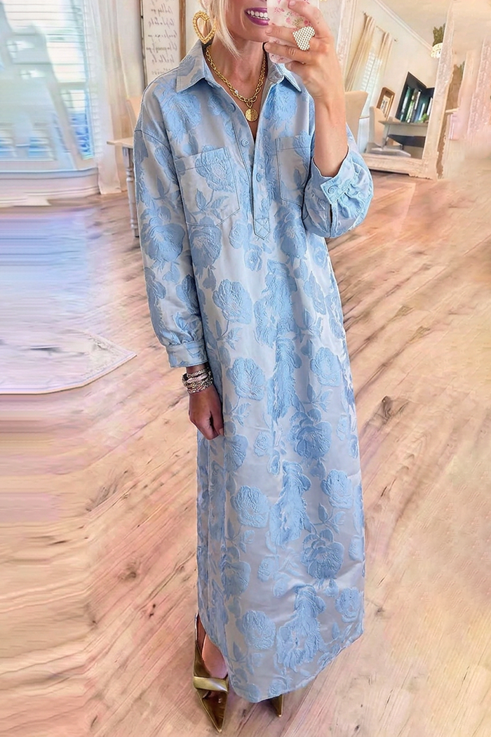 Light Blue Floral Jacquard Collared Pocket Maxi Dress
