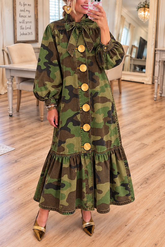 Denim Big Button Camo Maxi Dress