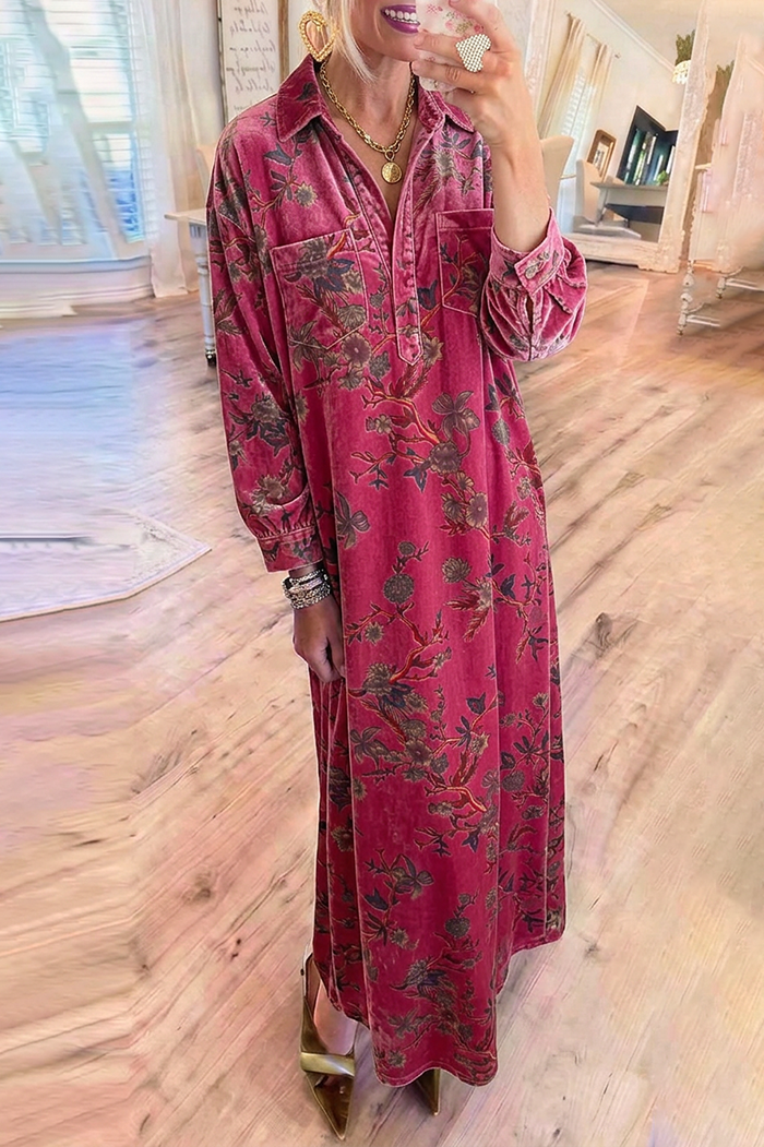 Velvet Botanical Floral Collared Chest Pocket Balloon Sleeve Maxi Dress