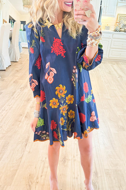 Navy Floral Puff Sleeve Pocket Dress