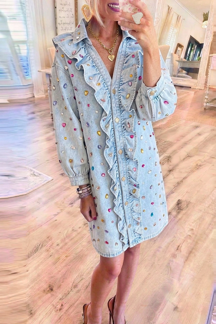 Light Wash Denim Ruffle Placket Colorful Rhinestone Dress