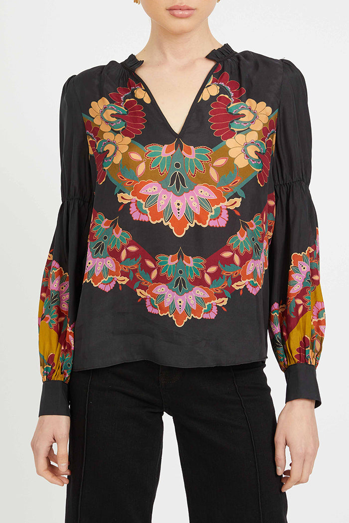 Black Floral Print V-Neck Puff-Sleeve Top
