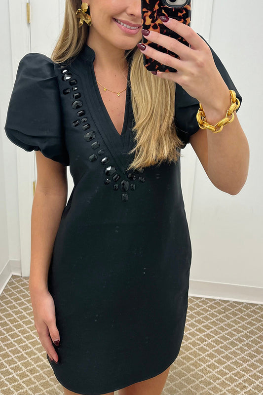 Pocket Accented Beaded Puff Sleeve Dress