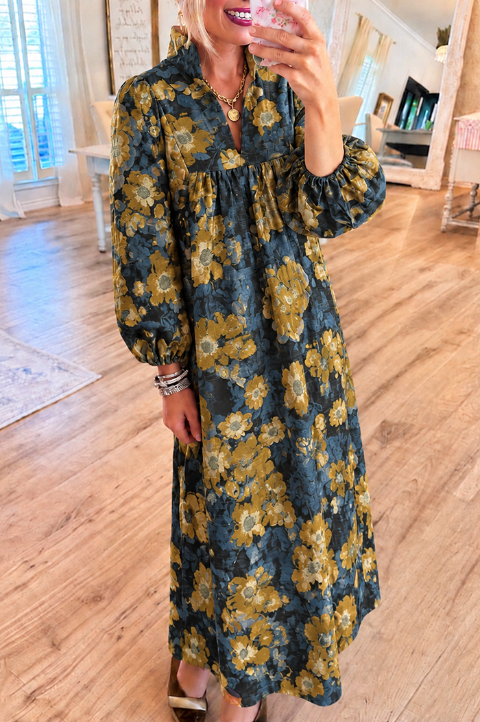 Floral Bubble Long Sleeves Pocket Maxi Dress