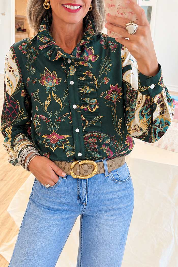 Casual Floral Print Ruffle Shirt
