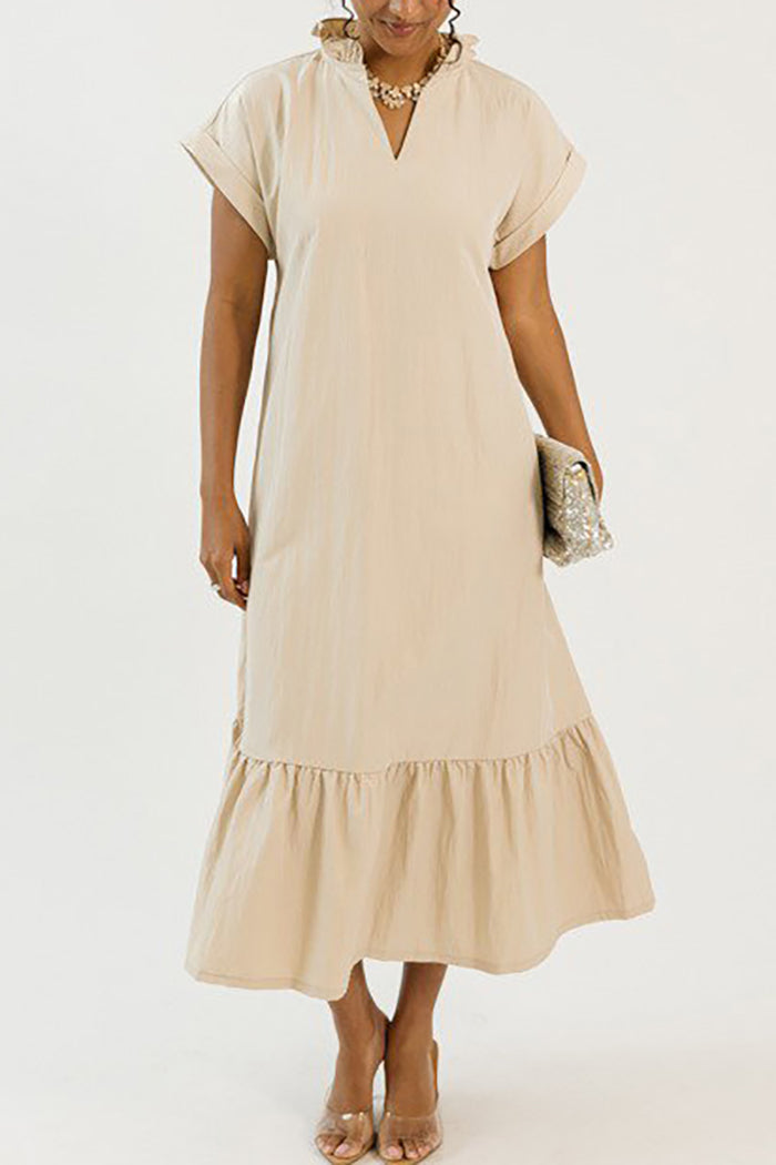 Cuffed Sleeve Ruffle Hem Pocket Midi Dress