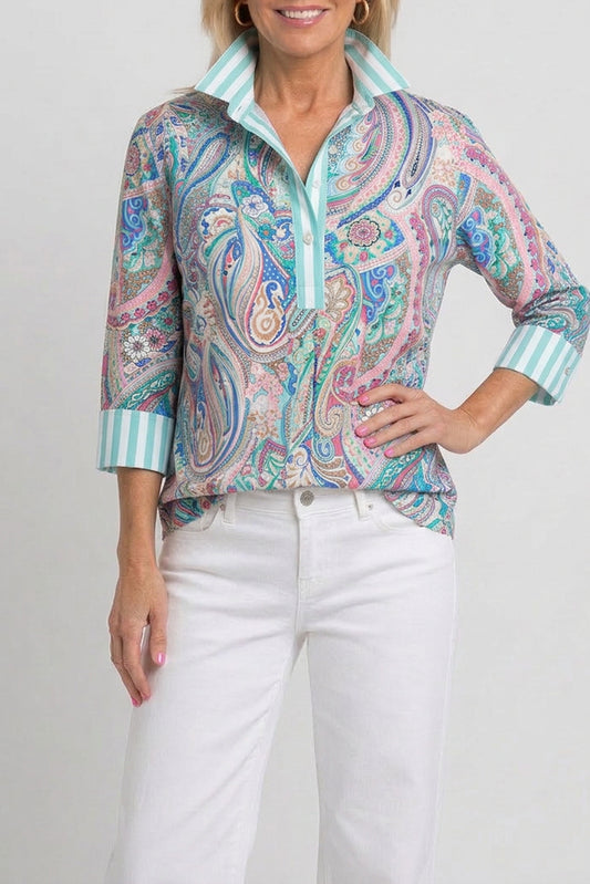 Aqua Paisley Print Striped Cuff Half Placket Top
