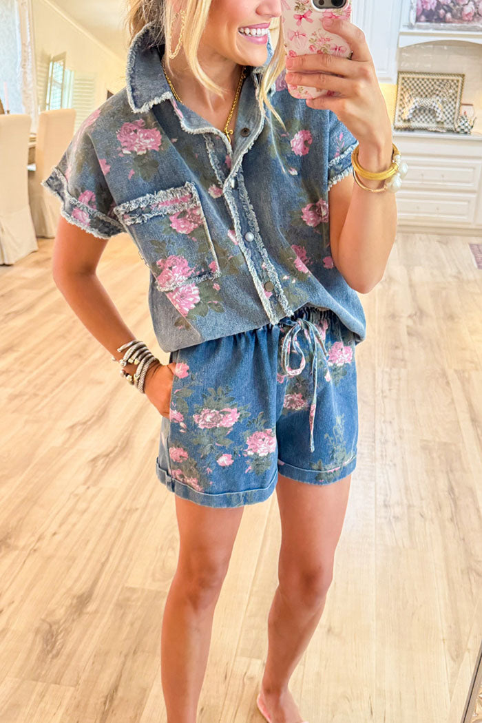 Floral Denim Frayed Shorts Set