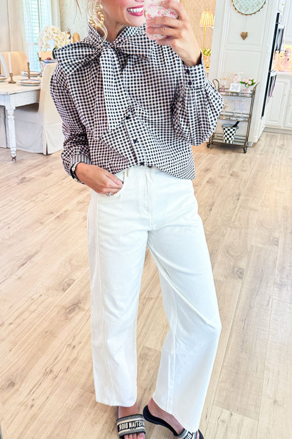 Black Gingham Bow Button Up Top
