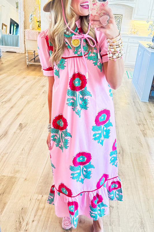 Pink Floral Ruffle Hem Midi Dress
