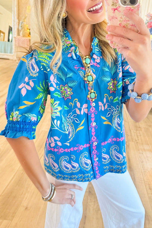 Paisley Print Puff Sleeve Top