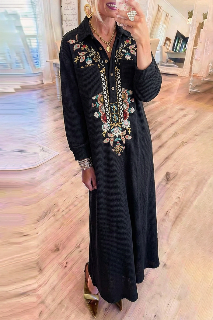 Waffle Knit Collared Floral Embroidered Pocket Long Sleeve Maxi Dress