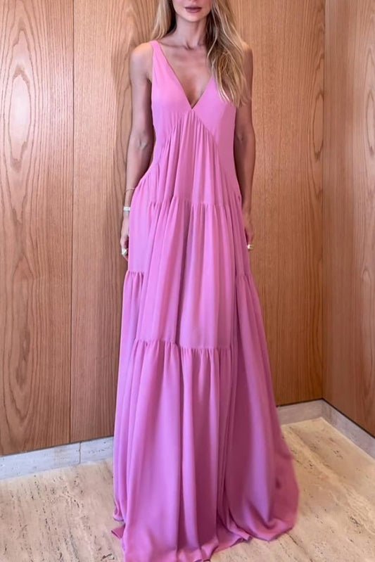 Tiered Deep V Neck Maxi Dress