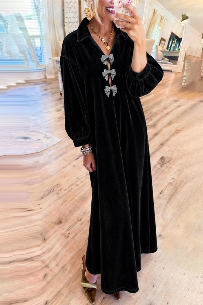 Black Velvet Rhinestone Bow Maxi Dress