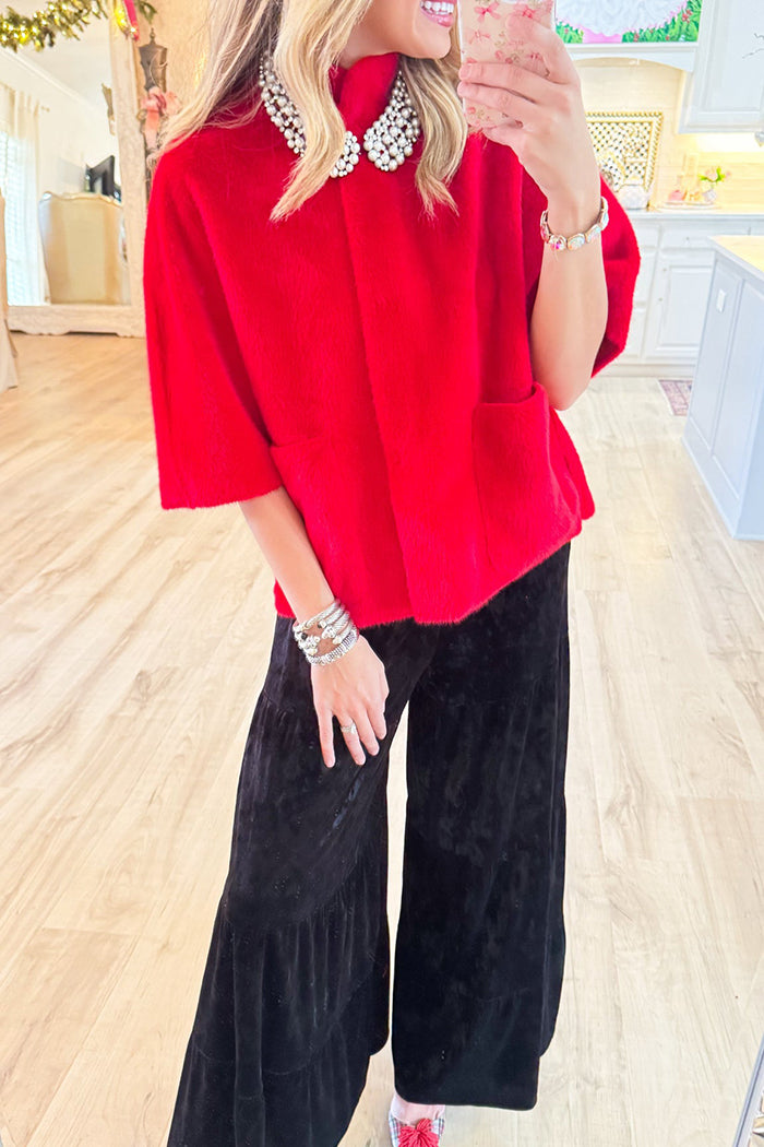 Casual Red Faux Caplet Jacket