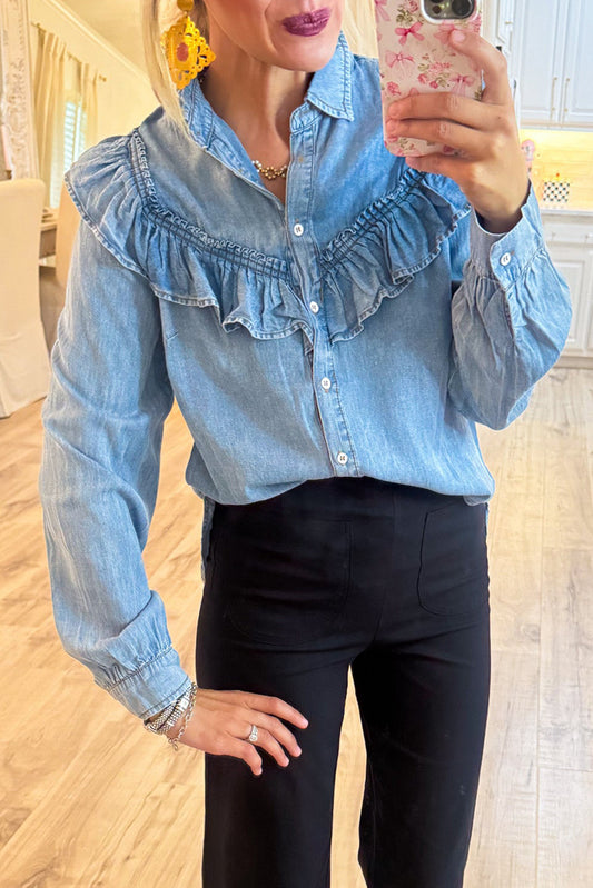 Denim Ruffle Button Up Top