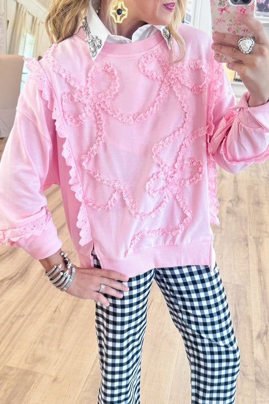 Pink Lace Bow Trim Sweatshirt