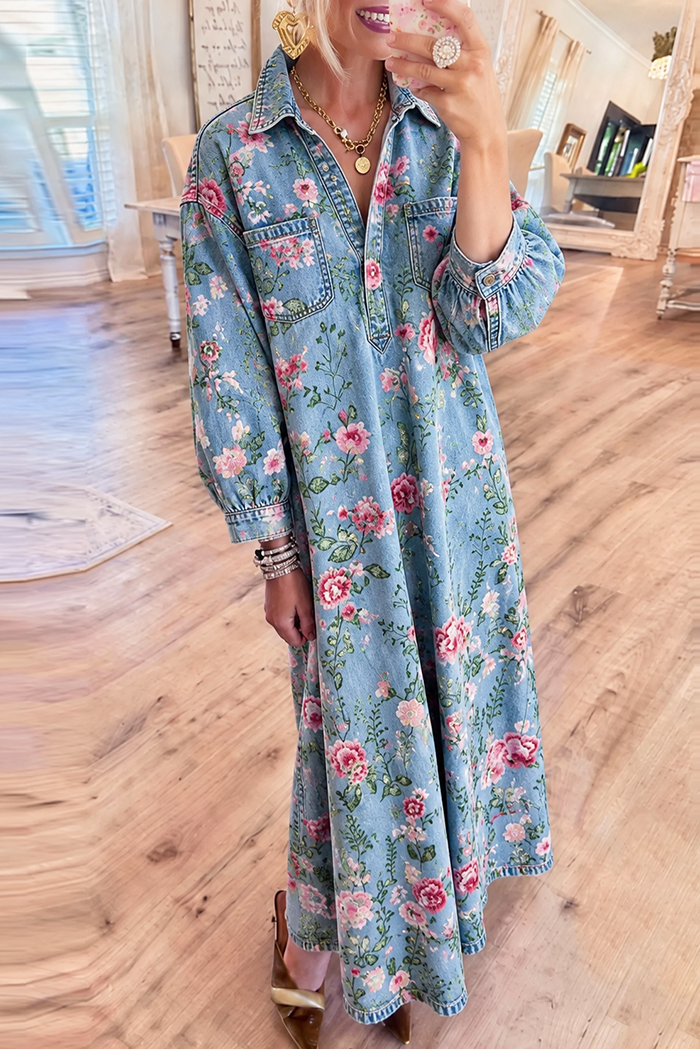 Floral Light Denim Collared Pockets Maxi Dress