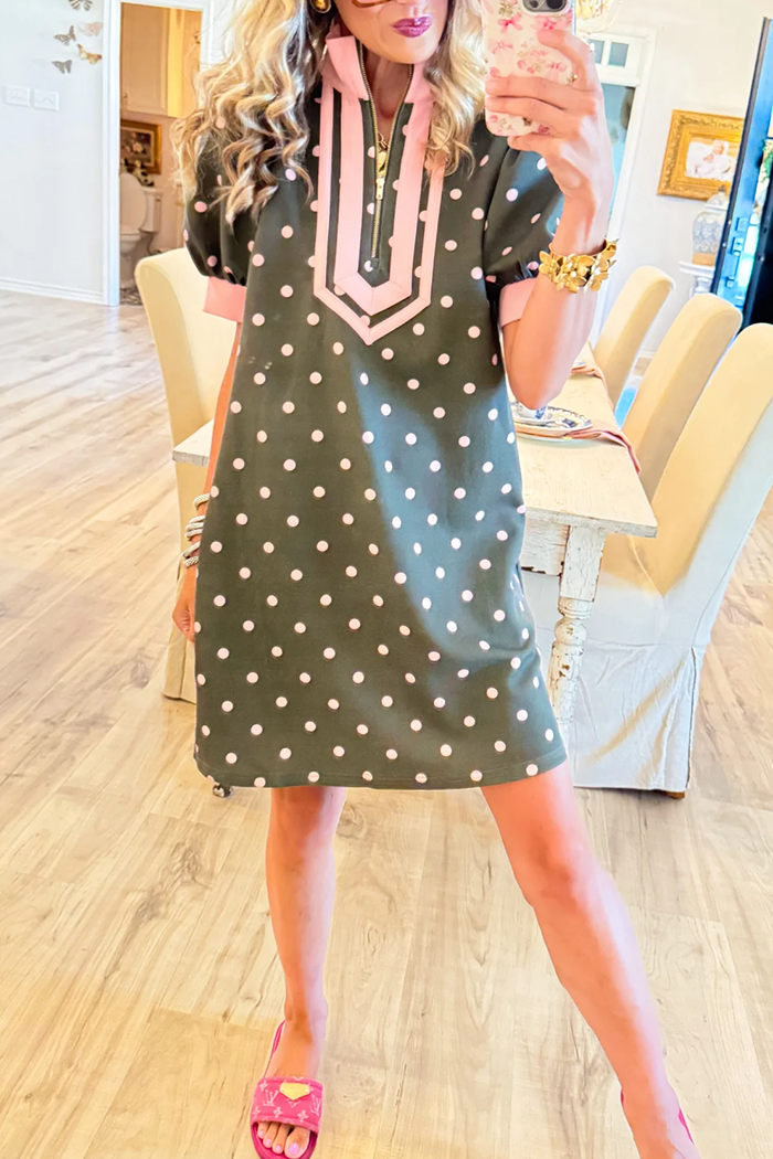 Olive Polka Dot Puff Sleeve Dress