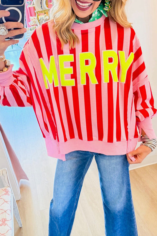 Red Pink Stripe Embroidered Sweatshirt