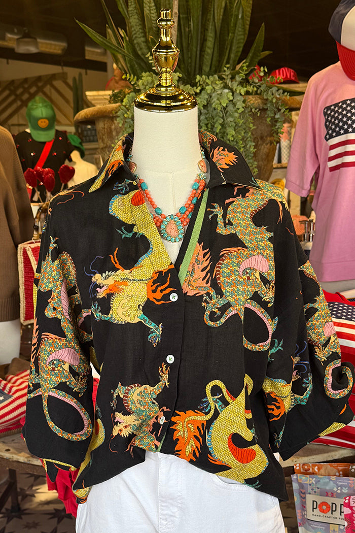 Casual Button Front Dragon Print Top