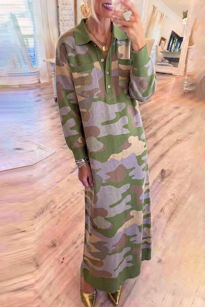 Camo Jacquard Knit Collared Maxi Dress