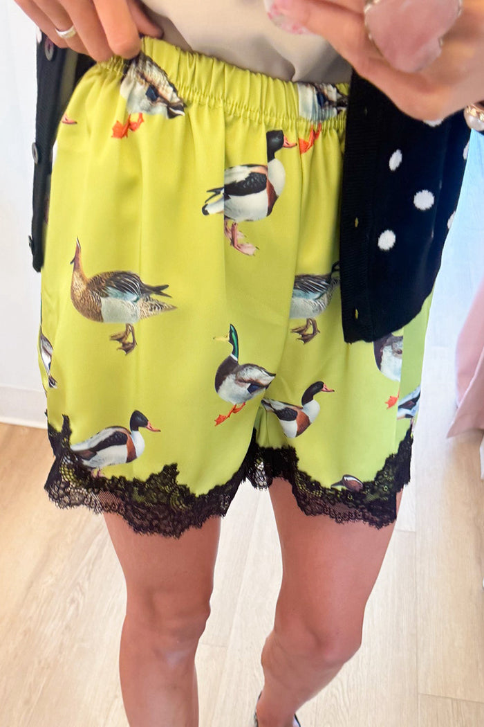 Mallard Duck Print Elastic Waist Lace Trim Shorts