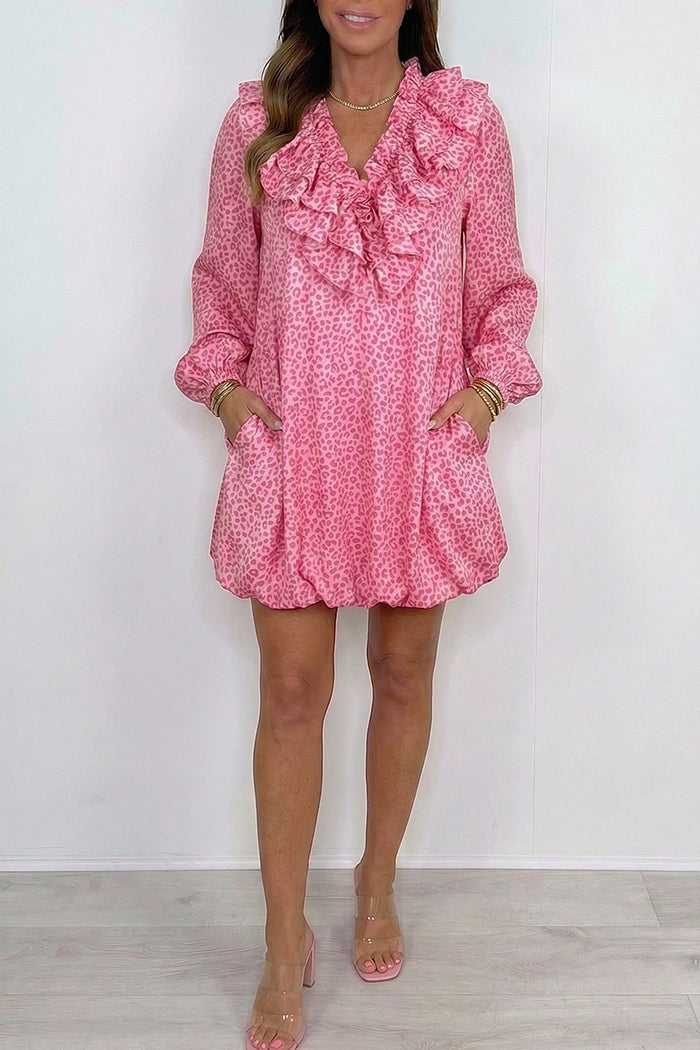 Leopard Ruffle Collar Balloon Sleeve Pocket Dress