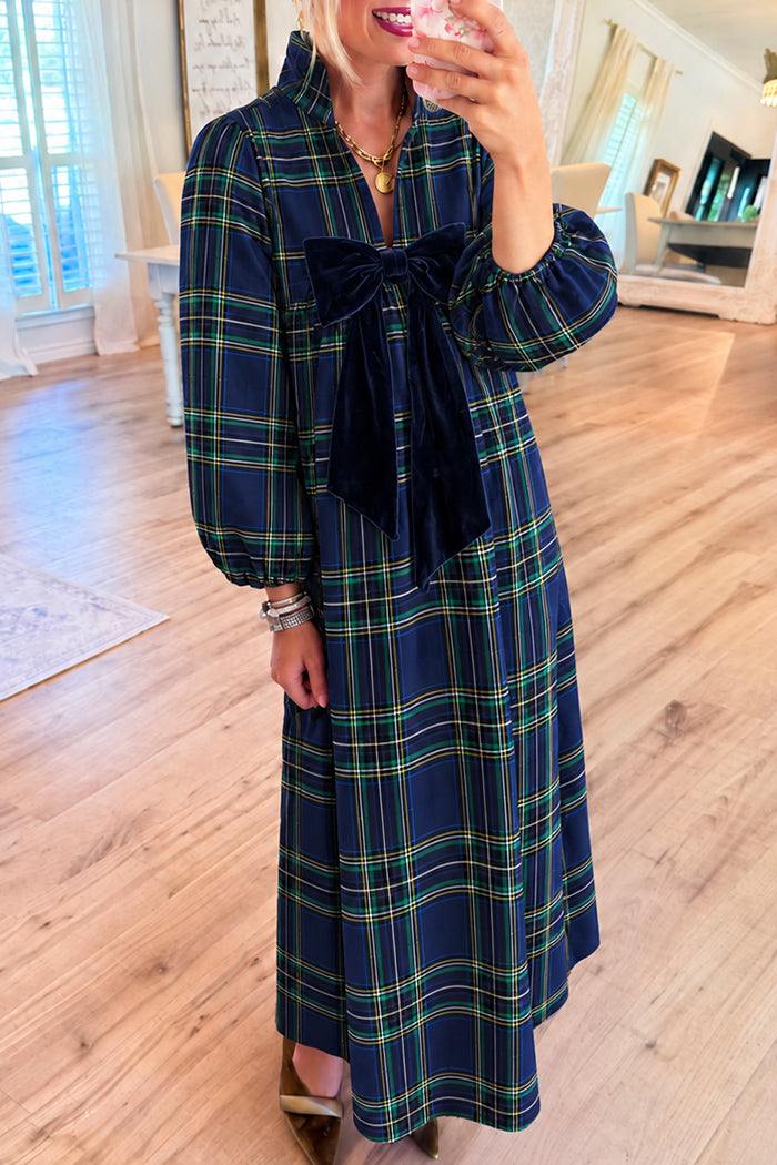 Navy Tartan Plaid Navy Bow Maxi Dress