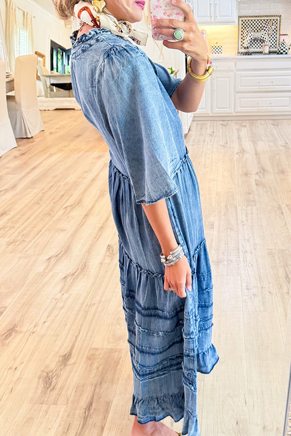 Washed Denim Tiered Maxi Dress