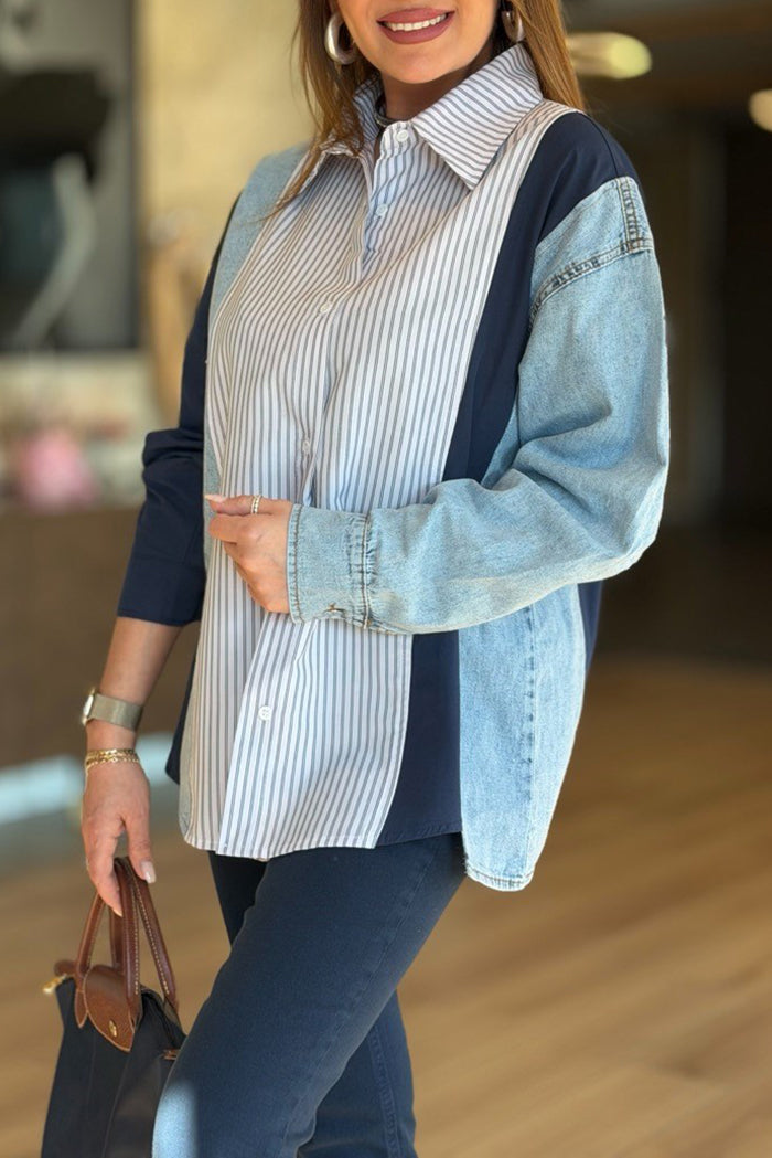 Color Block Denim Pinstripe Shirt Top