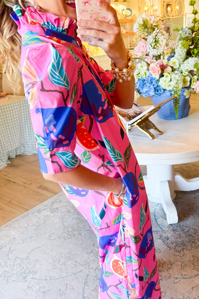 Ruffle Neck Button Up Pocket Maxi Dress
