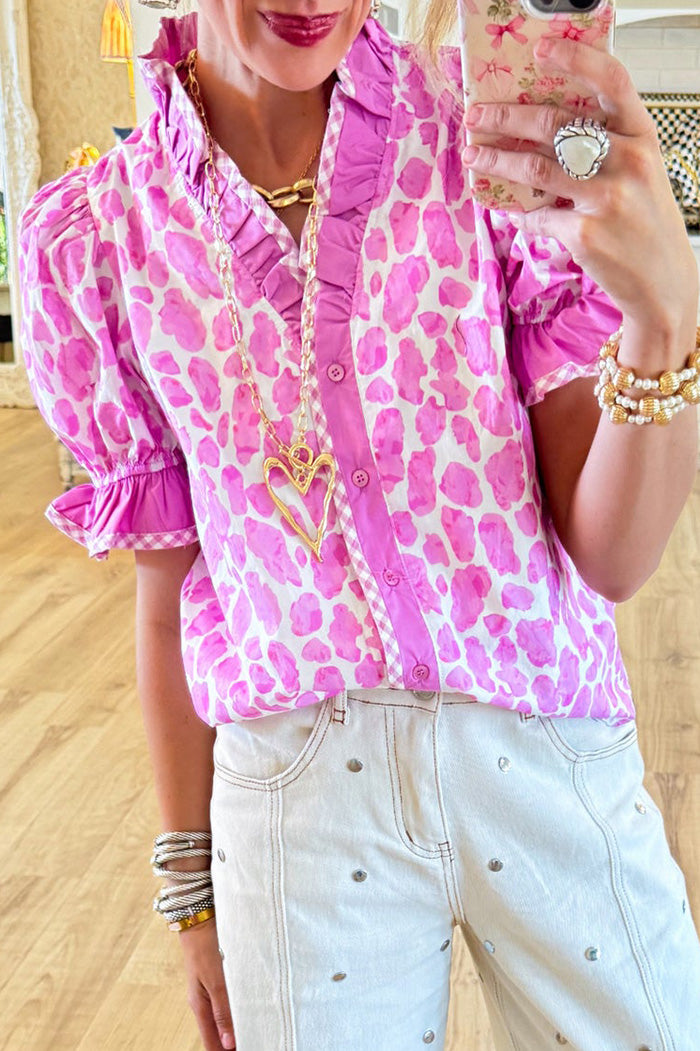 Leopard Ruffle Neck Button Up Top